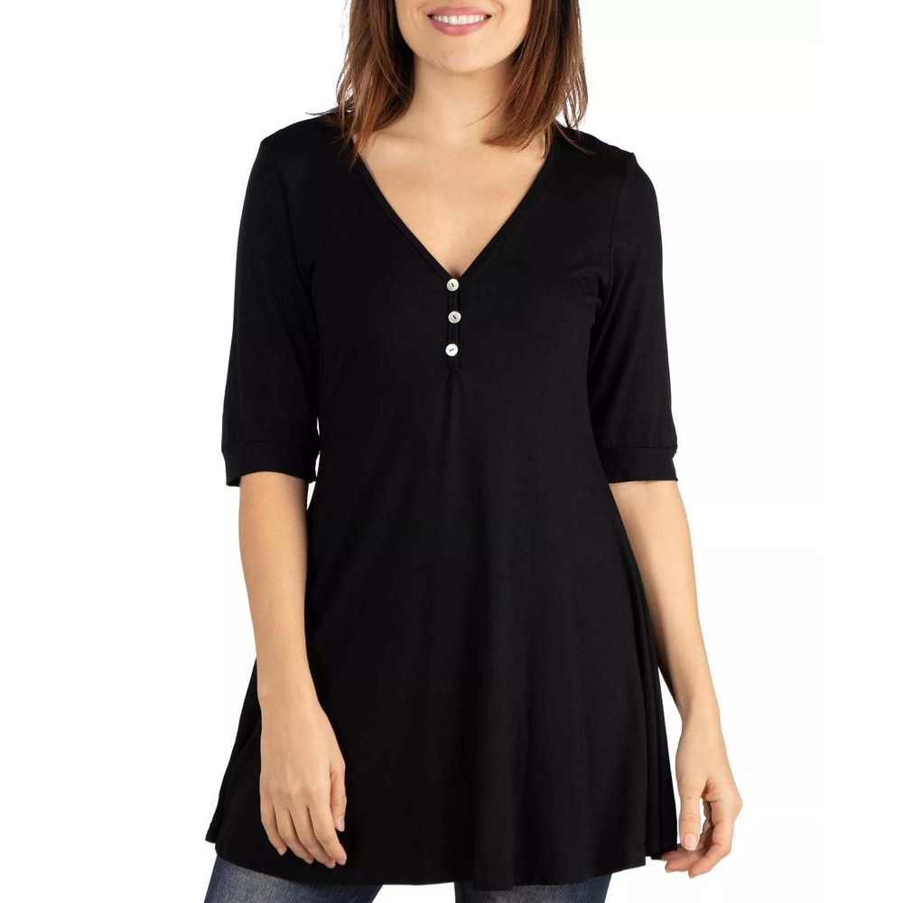 24seven Comfort Apparel Black V-Neck Button Tunic Top Womens‎ 2X
